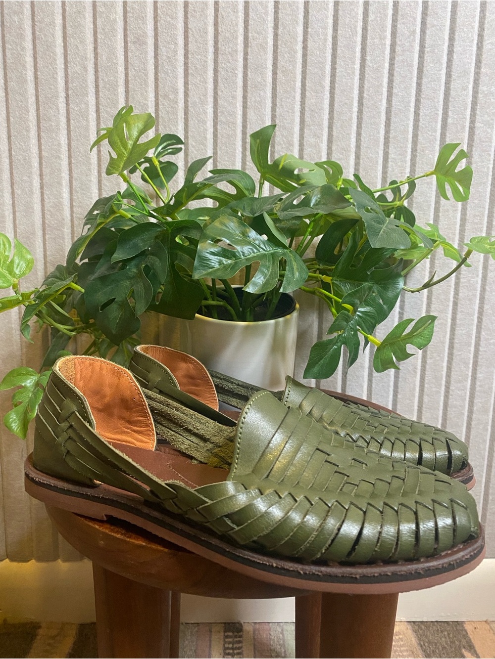 Espiritu Mexican Huarache Women's Size 8 Army Green Leather Sandals Selva Woven